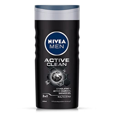 NIVEA Men Body Wash, Active Clean with Active Charcoal, Shower Gel for Body, Face & Hair, 250 ml